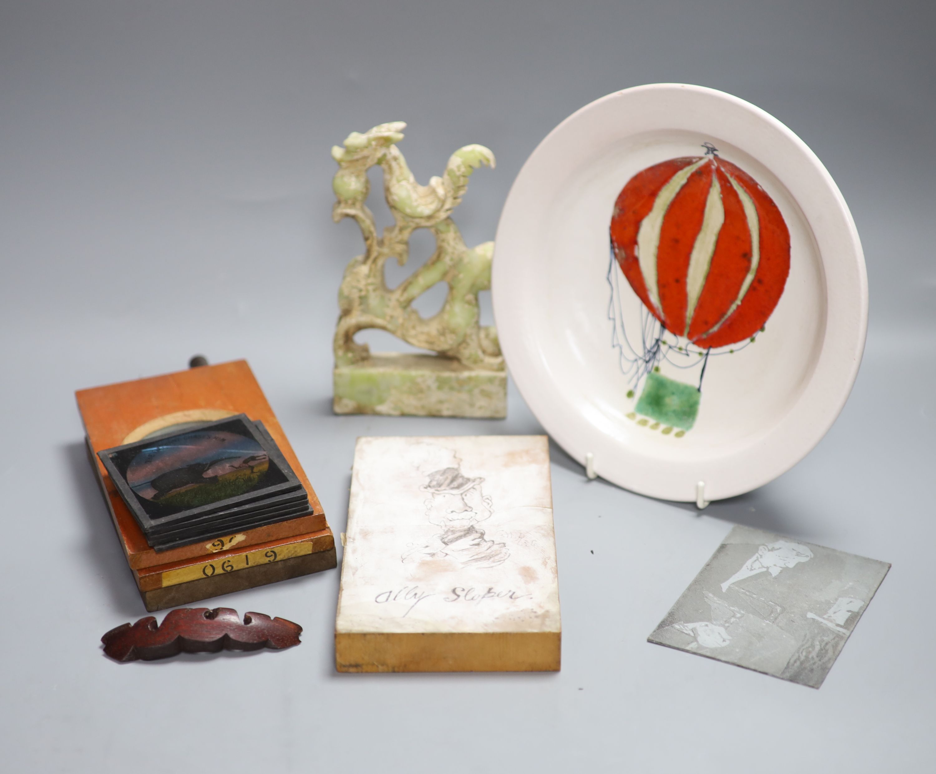Mixed collectables including quantity of lantern slides, a hardstone carving, a Studio pottery dish, etc.
